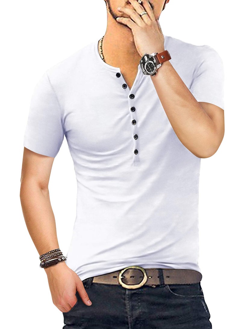 YTD Mens Casual Slim Fit Basic Henley Short Sleeve Fashion Summer T-Shirt M White - Image 4